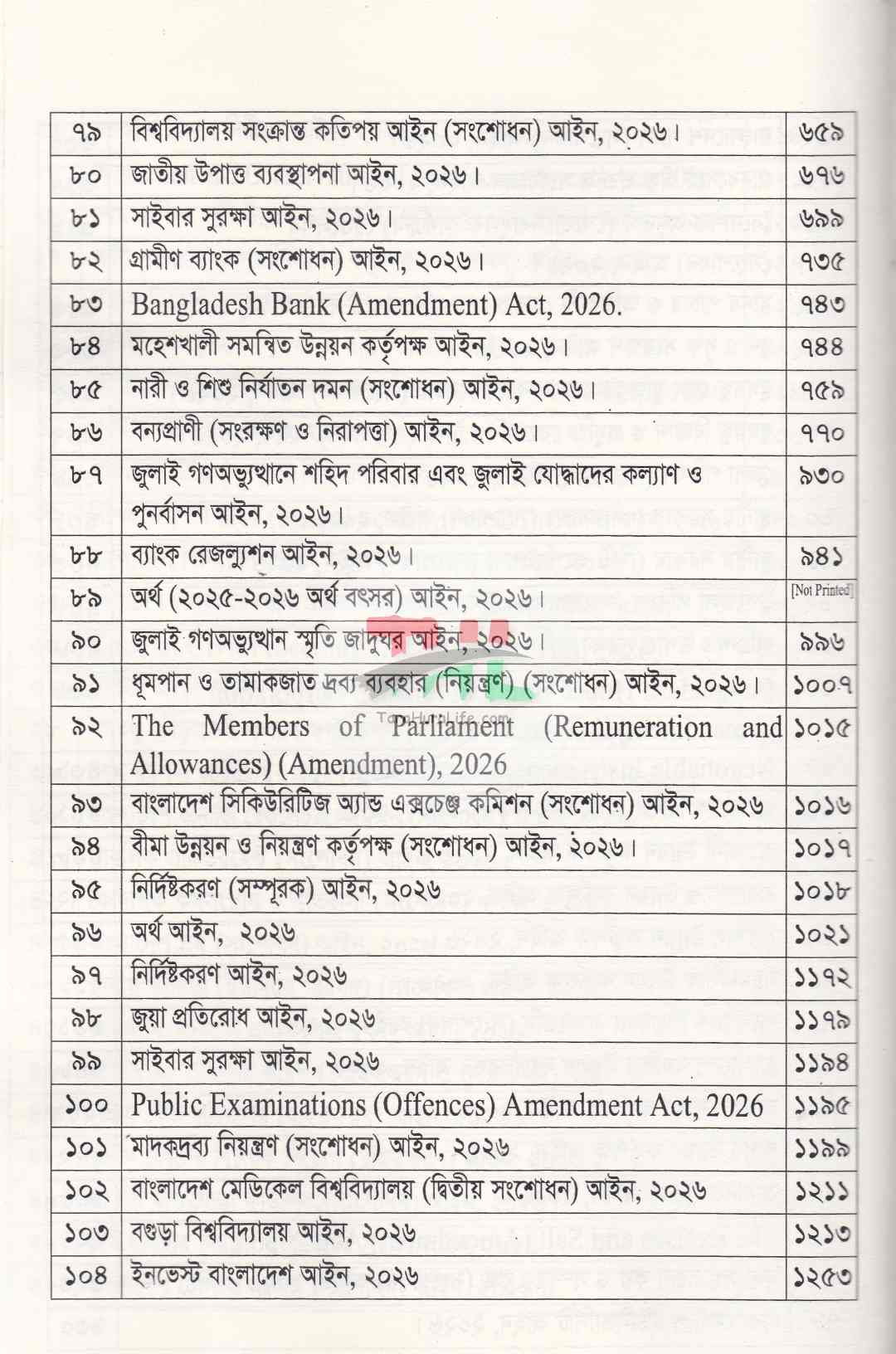 ২০২৬ সনের ১ থেকে ১০৪টি জারিকৃত আইনসমূহ