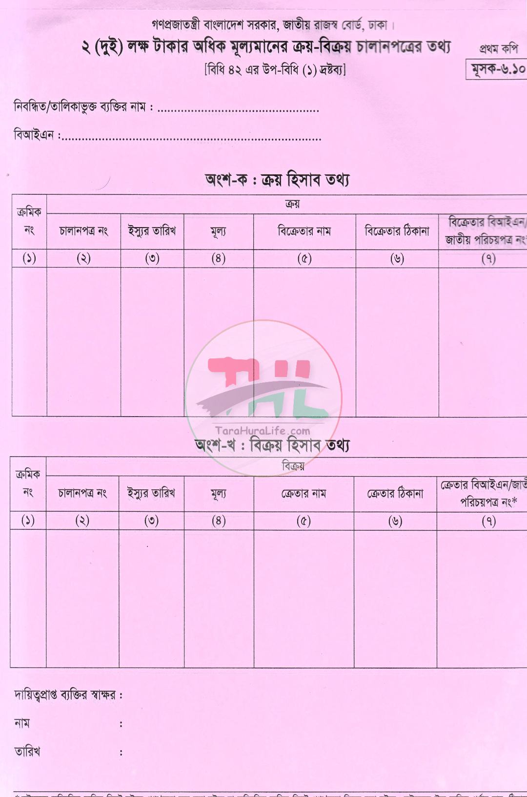 জাতীয় রাজস্ব বোর্ড কর চালানপত্র মূসক-৬.১০