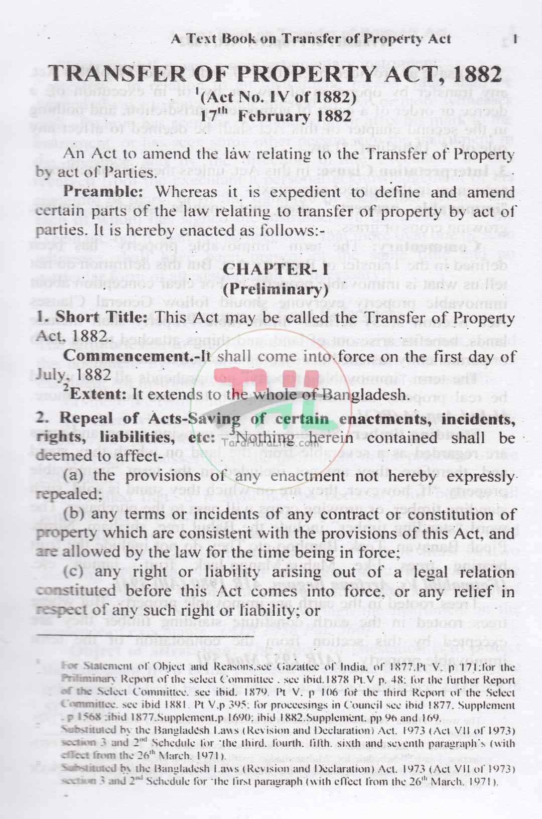 A TEXT BOOK ON TRANSFER OF PROPERTY ACT-1882
